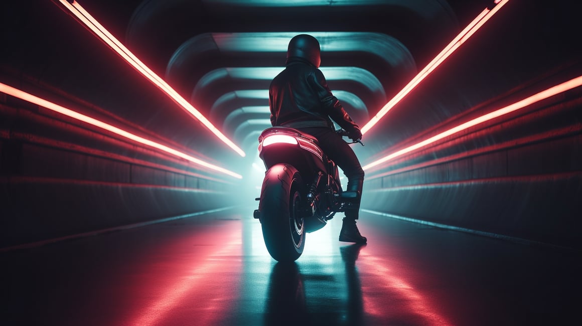 Neon Odyssey: Futuristic Bike Ride Mid-Journey