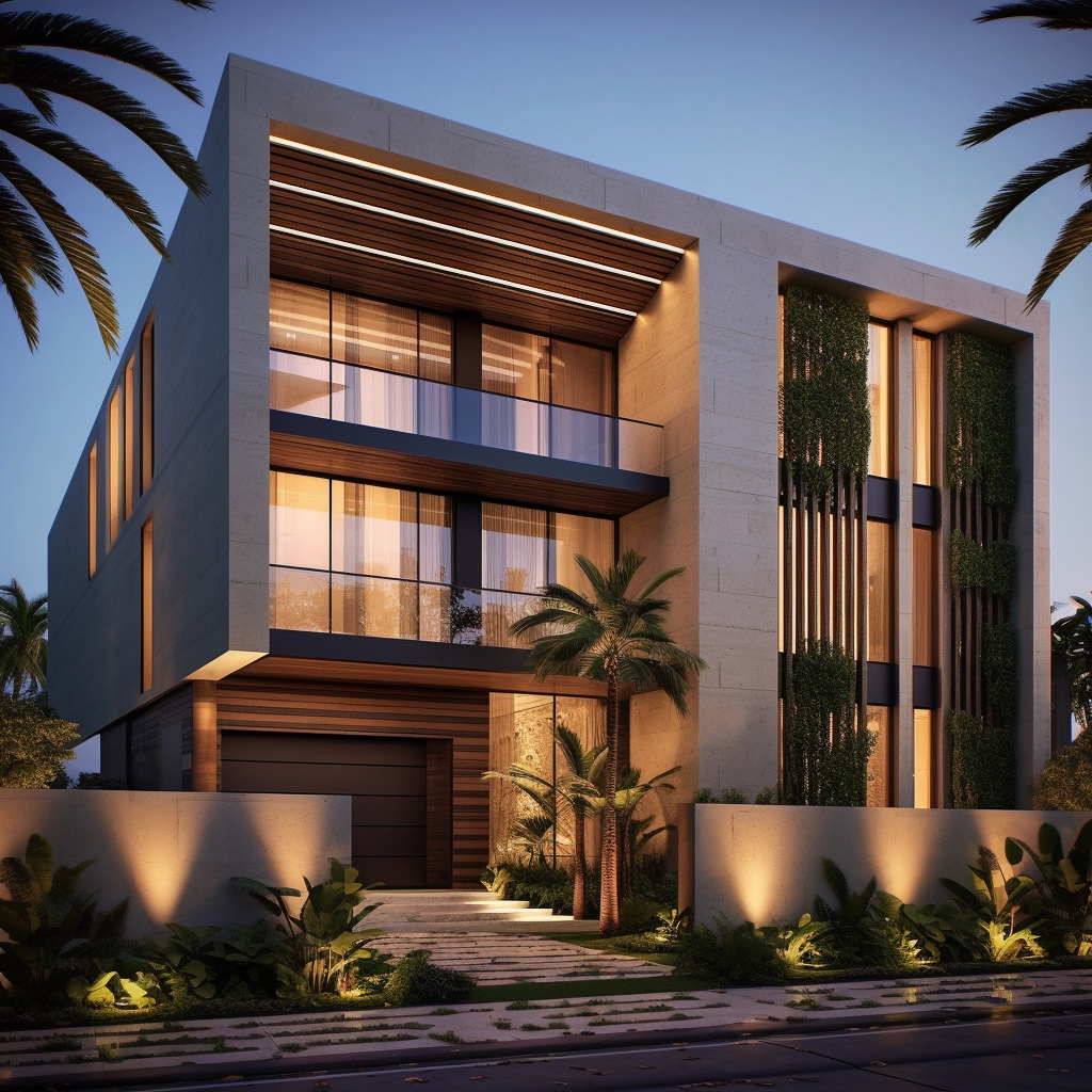 A Super Realistic, Minimalistic Design with Palm Trees and Pool, Enhanced by Stone Cladding