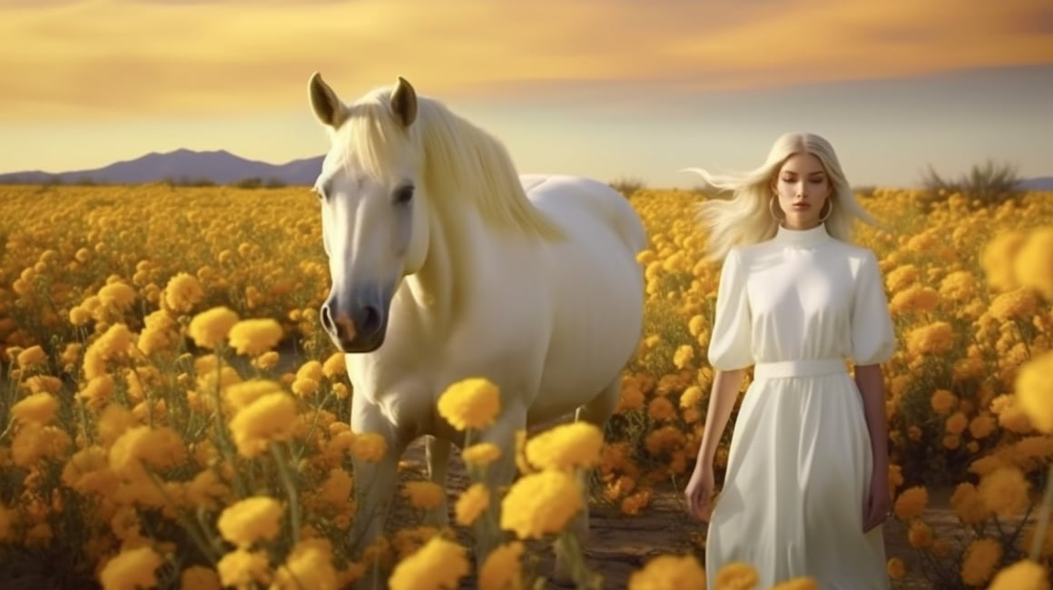 Retrato Cinemático de Mujer Pelirroja en Valle de Tulipanes al Atardecer