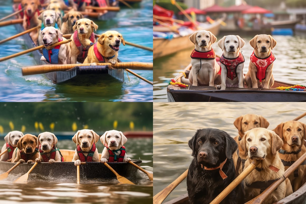 A Stylish Fusion of Labrador Retriever Dogs at Chinese Dragon Boat Race in High-Resolution Elegance