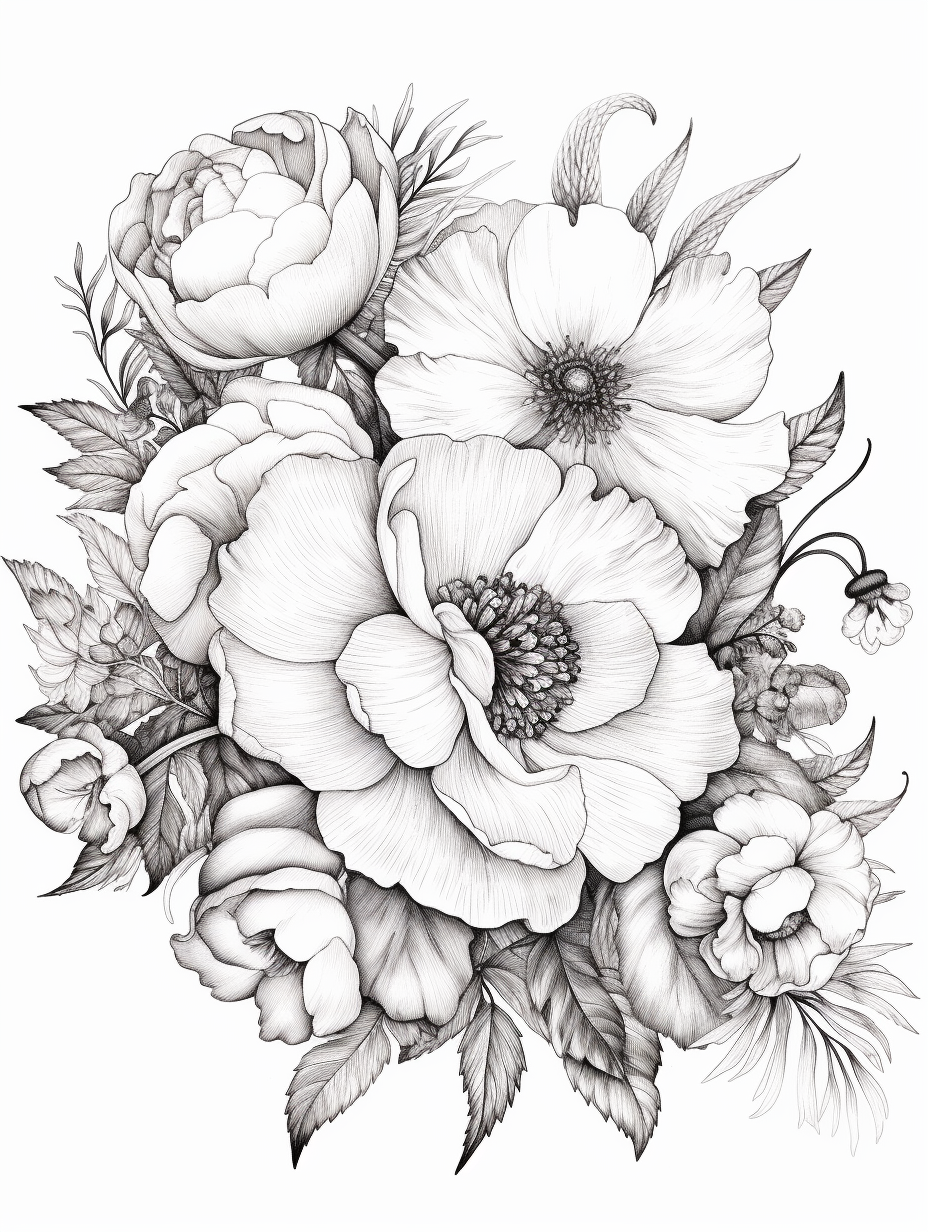 Mid-Trip Floral Coloring Page - White Background (AR 3:4)