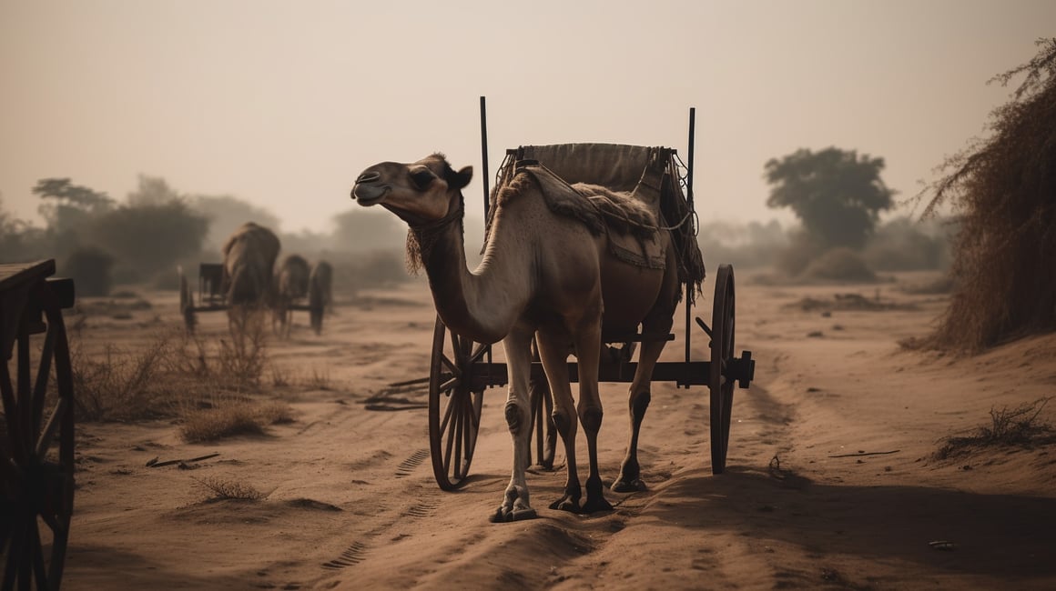 Cinematic Odyssey: Mid-journey Camel Caravan in Rajasthan