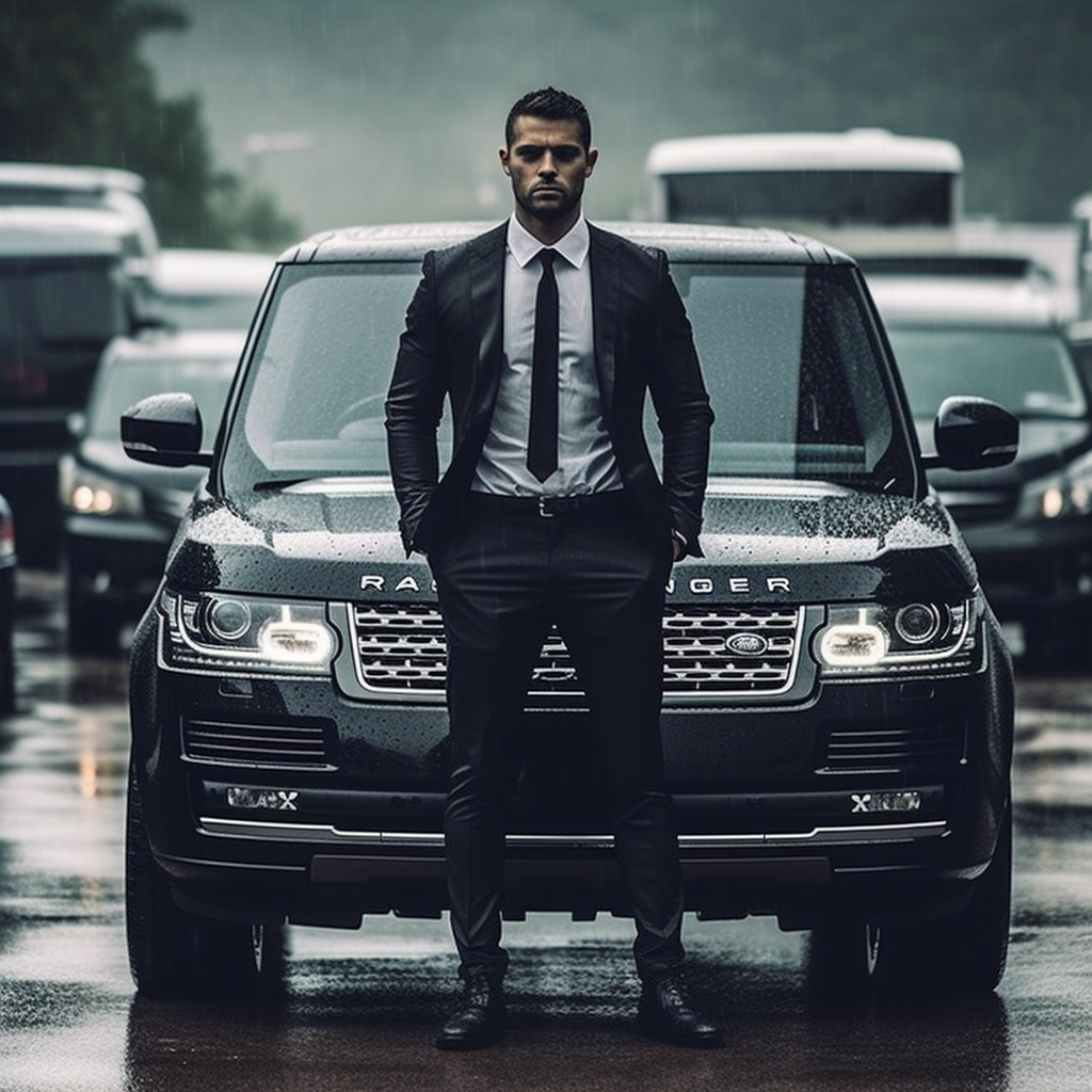 Successful Man with Luxury Vehicle in Rain
