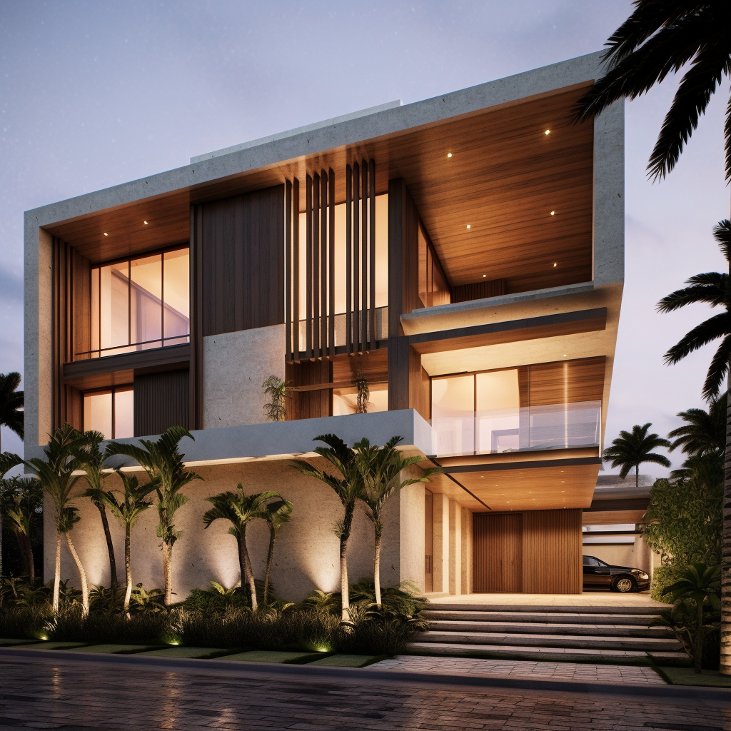A Super Realistic, Minimalistic Design with Palm Trees and Pool, Enhanced by Stone Cladding