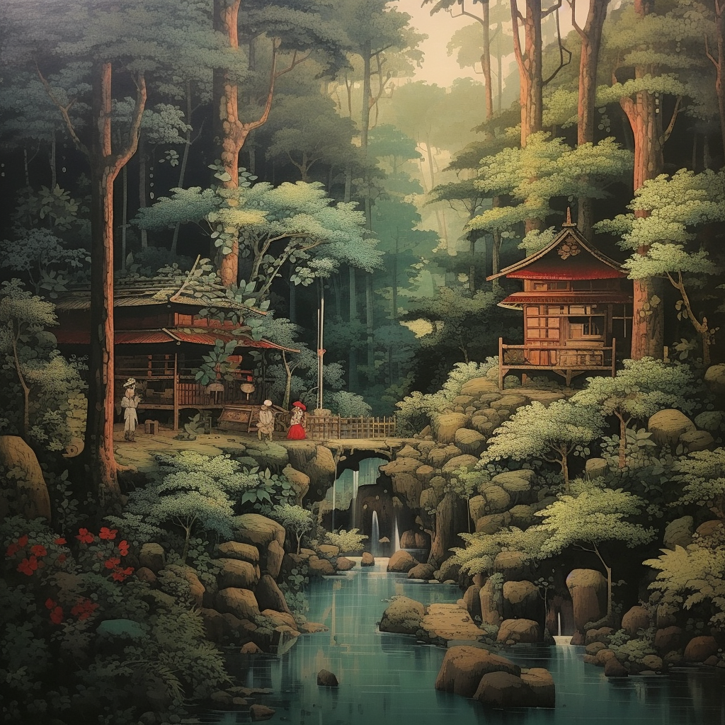 Retro Japanese Culture Structure Painting in Forest Creek - Version 5