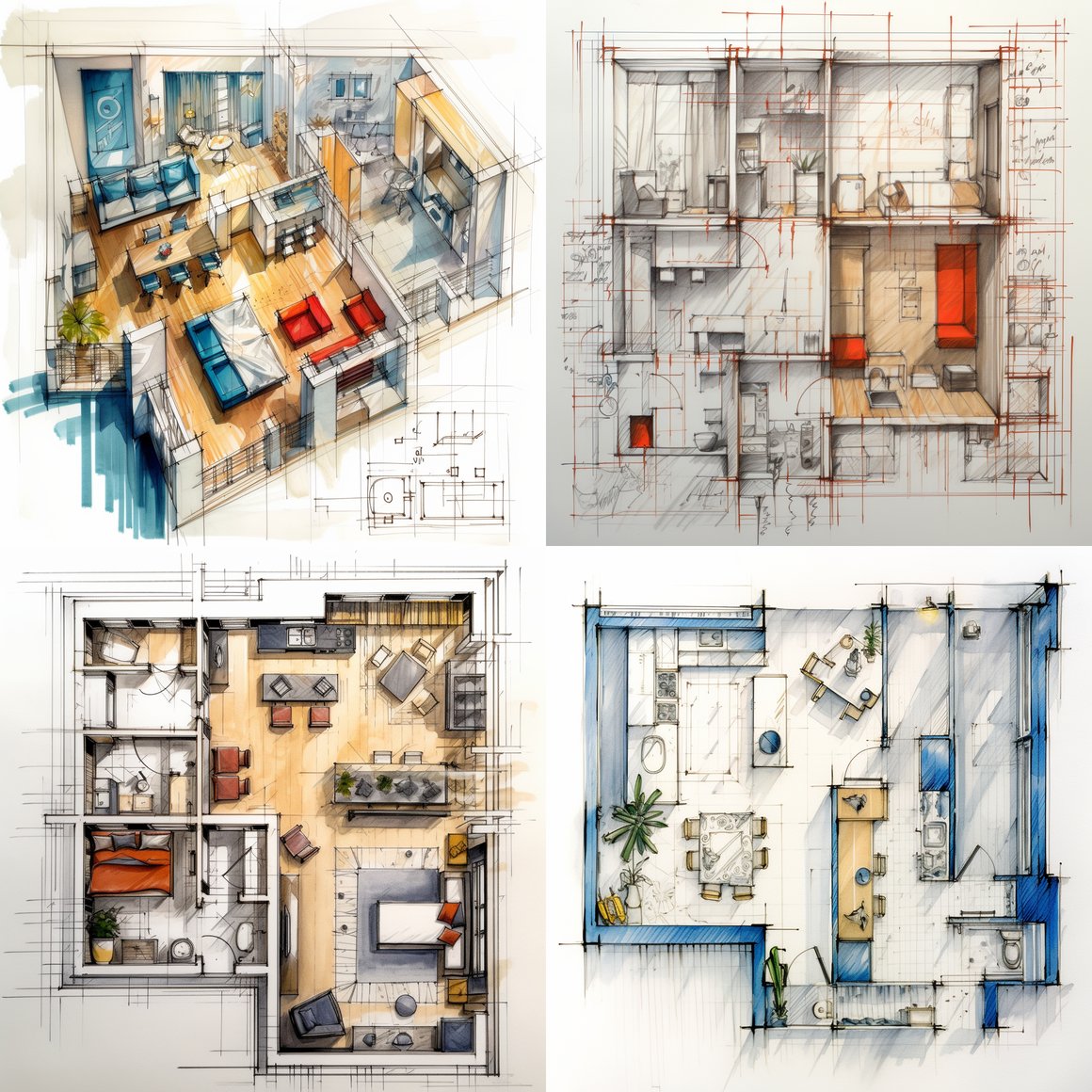 Midway Sketch of Apartment Floor Plan with Detailed Furniture Layout