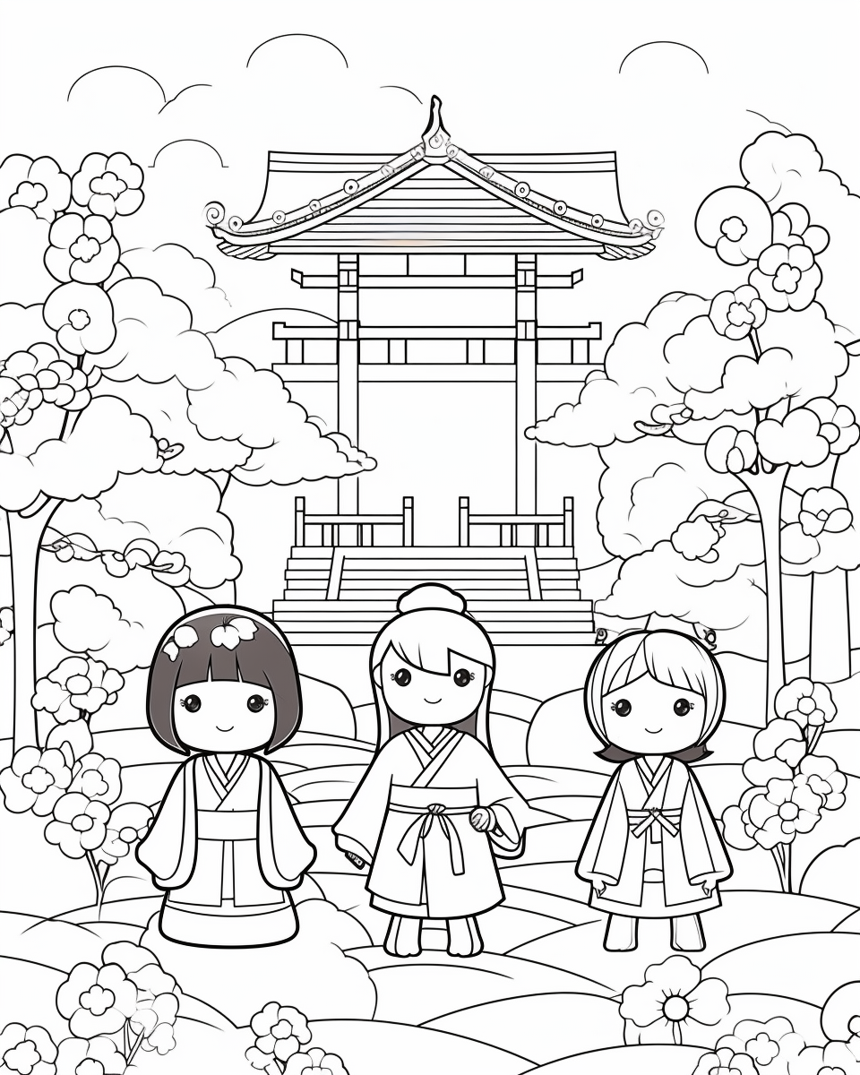 Happy Torii & Cherry Blossoms Coloring Page Mid-Journey Prompt