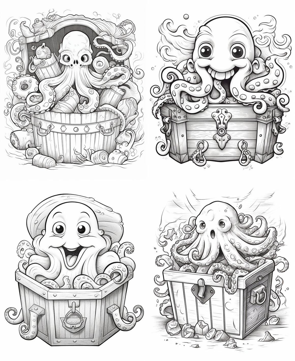 Happy Squid & Treasure Chest Coloring Activity