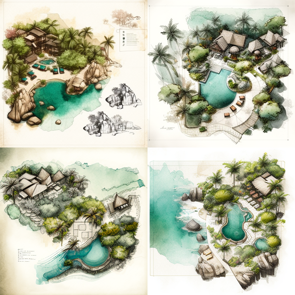 Mid-Journey Sketch Concept of a Seychelles Resort Pool Area