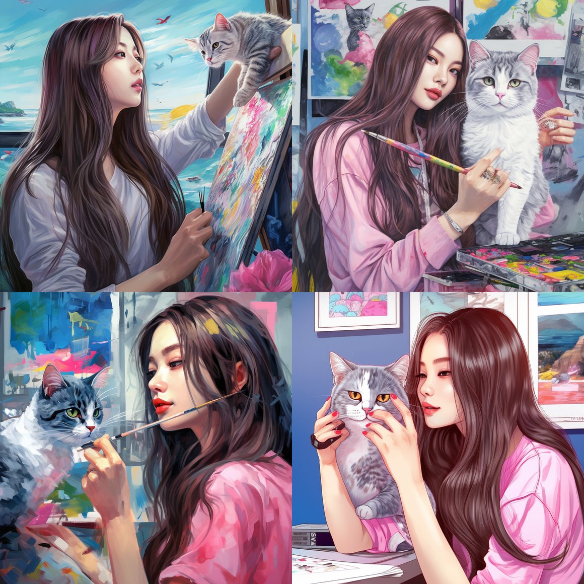 Detailed Colorful Portrait of a Korean Artist with Cat