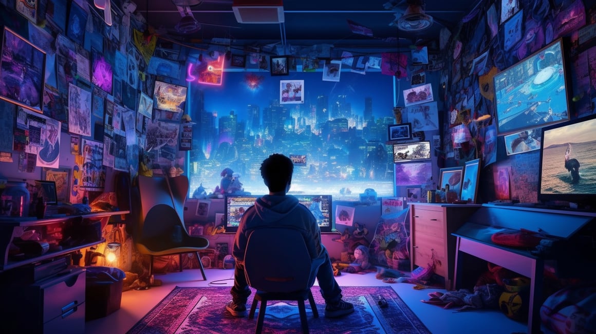 Neon Gaming Escape: Mid-Journey in 16:9 Aspect Ratio