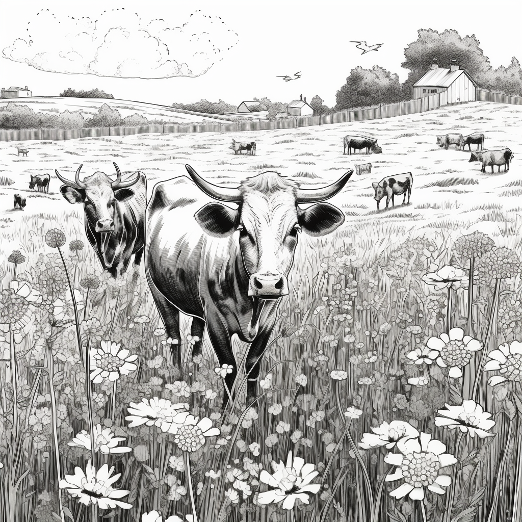 Detailed Line Art of Grazing Cows