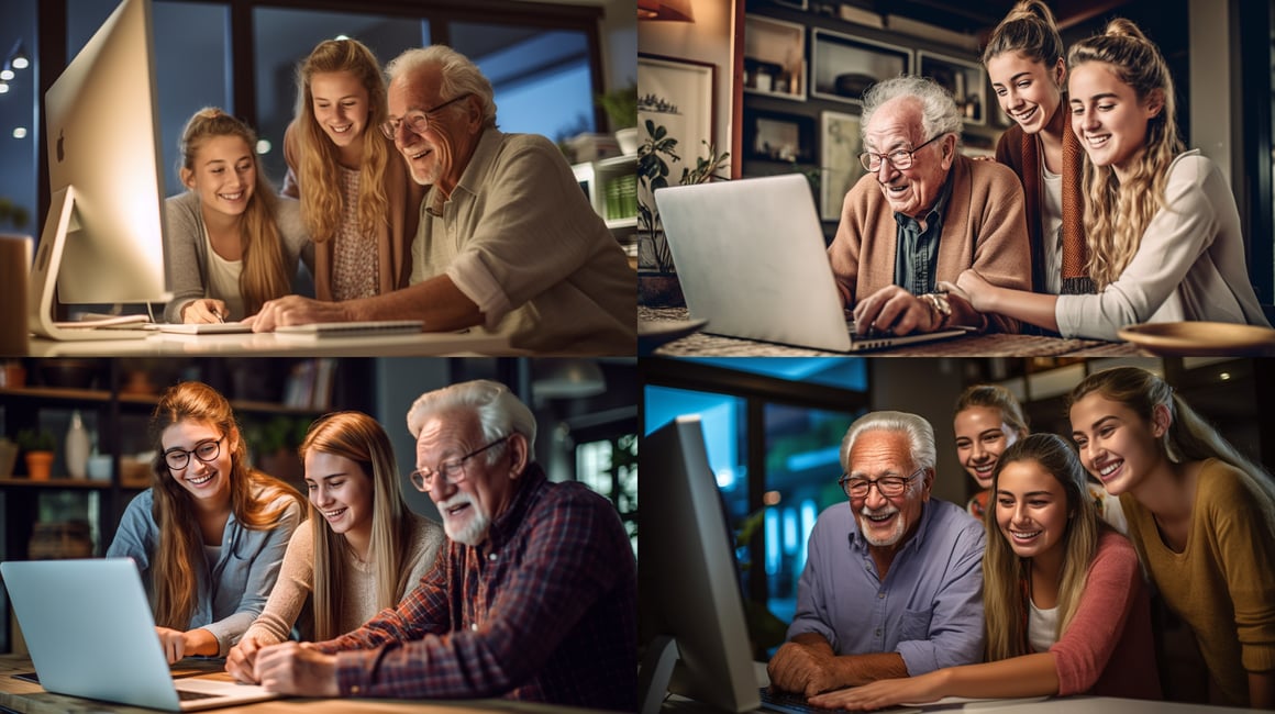 Tech Savvy Granddaughter Assisting Grandparents with Computer Tutorial
