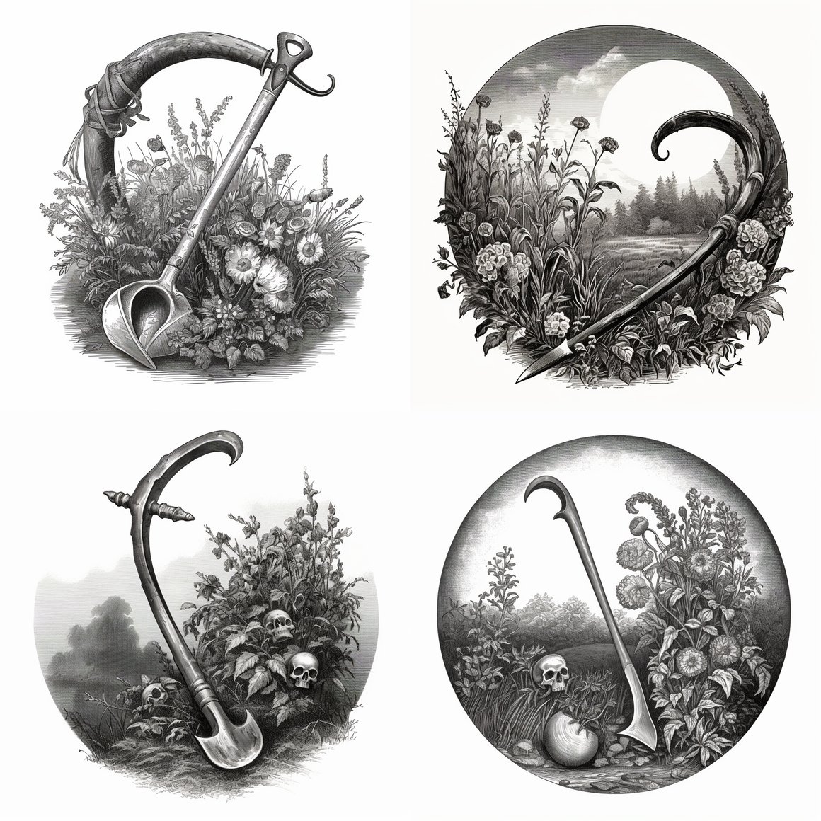 Mid-Victorian Era Herbal Scythe: A Monochrome Journey