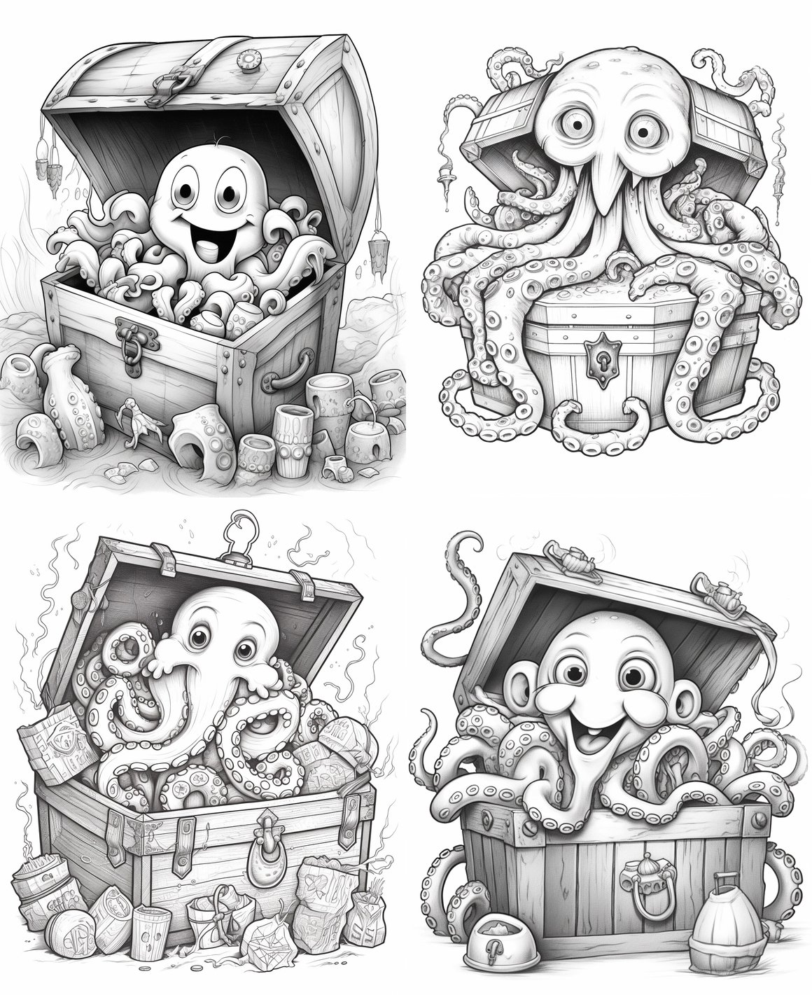 Happy Squid & Treasure Chest Coloring Activity