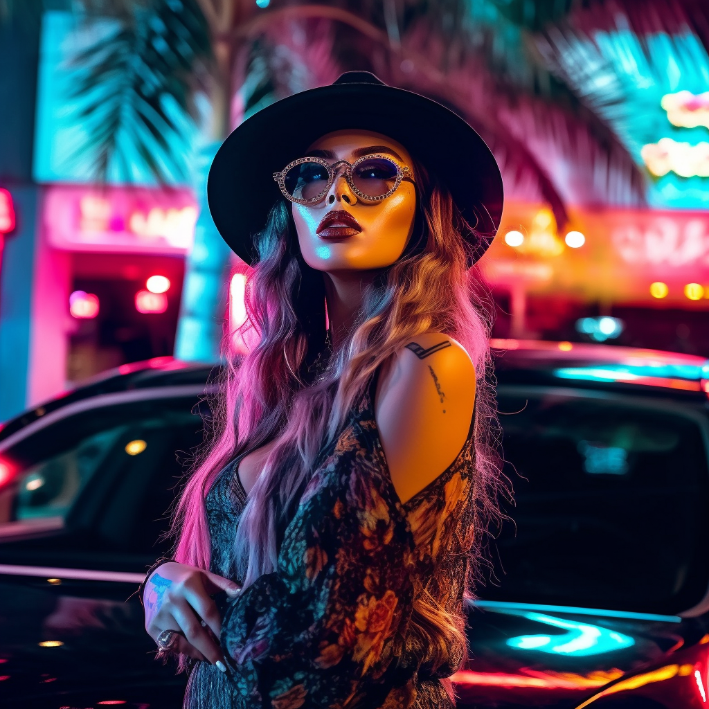 Neon Nightscape: An Artistic Encounter in Futuristic Miami