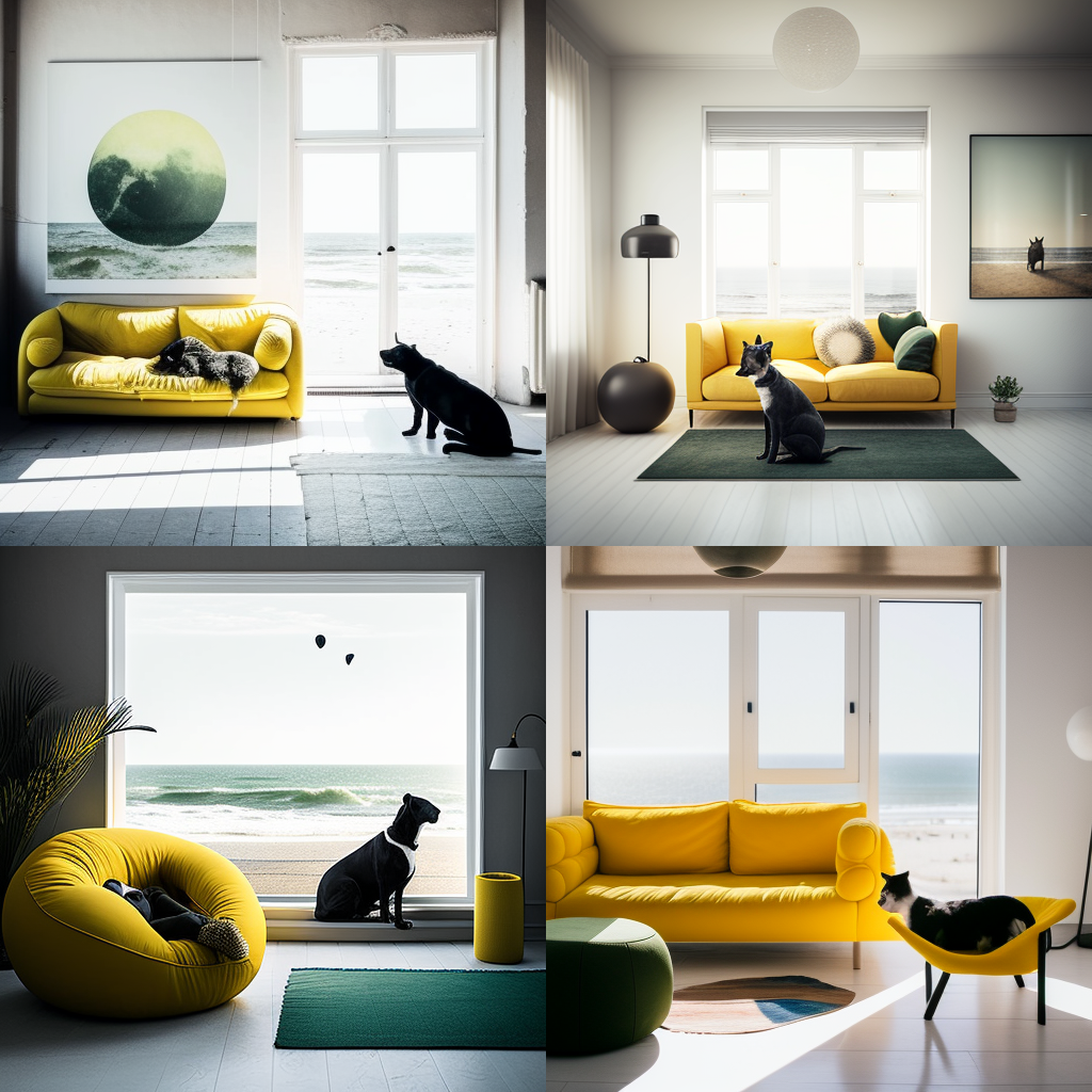 Sunlit Coastal Living Room Scene with Playful Pets in Minimalist Decor (Version 4)