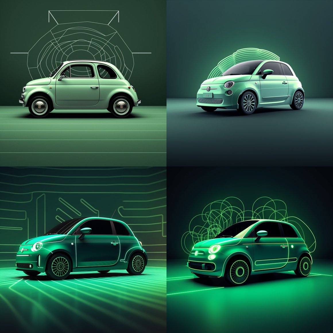 Designing Visual Schematic for 2023 Green Mint Fiat 500 Electric Competition