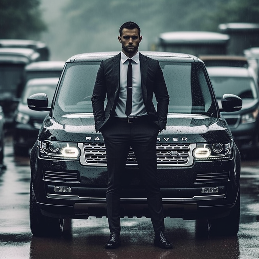 Successful Man with Luxury Vehicle in Rain