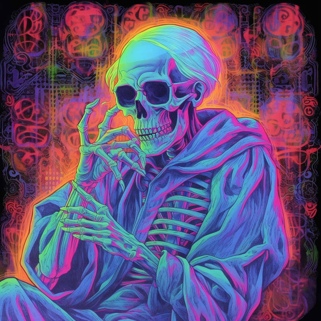 Neon Crypt Keeper: Holographic Silk Collage Journey