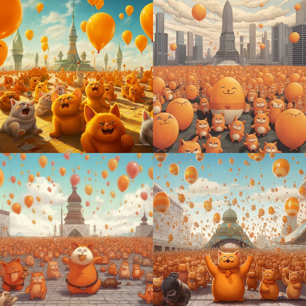 Chubby Orange Cats Celebrating Victory in Dimensional Bangkok