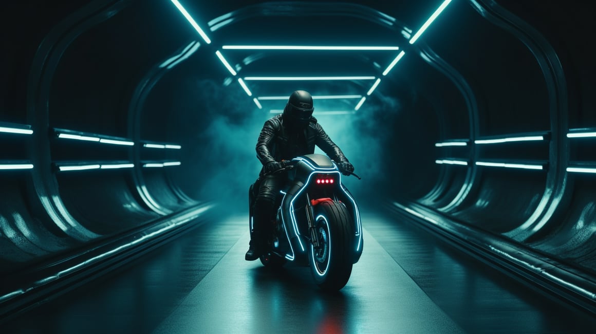 Neon Odyssey: Futuristic Bike Ride Mid-Journey