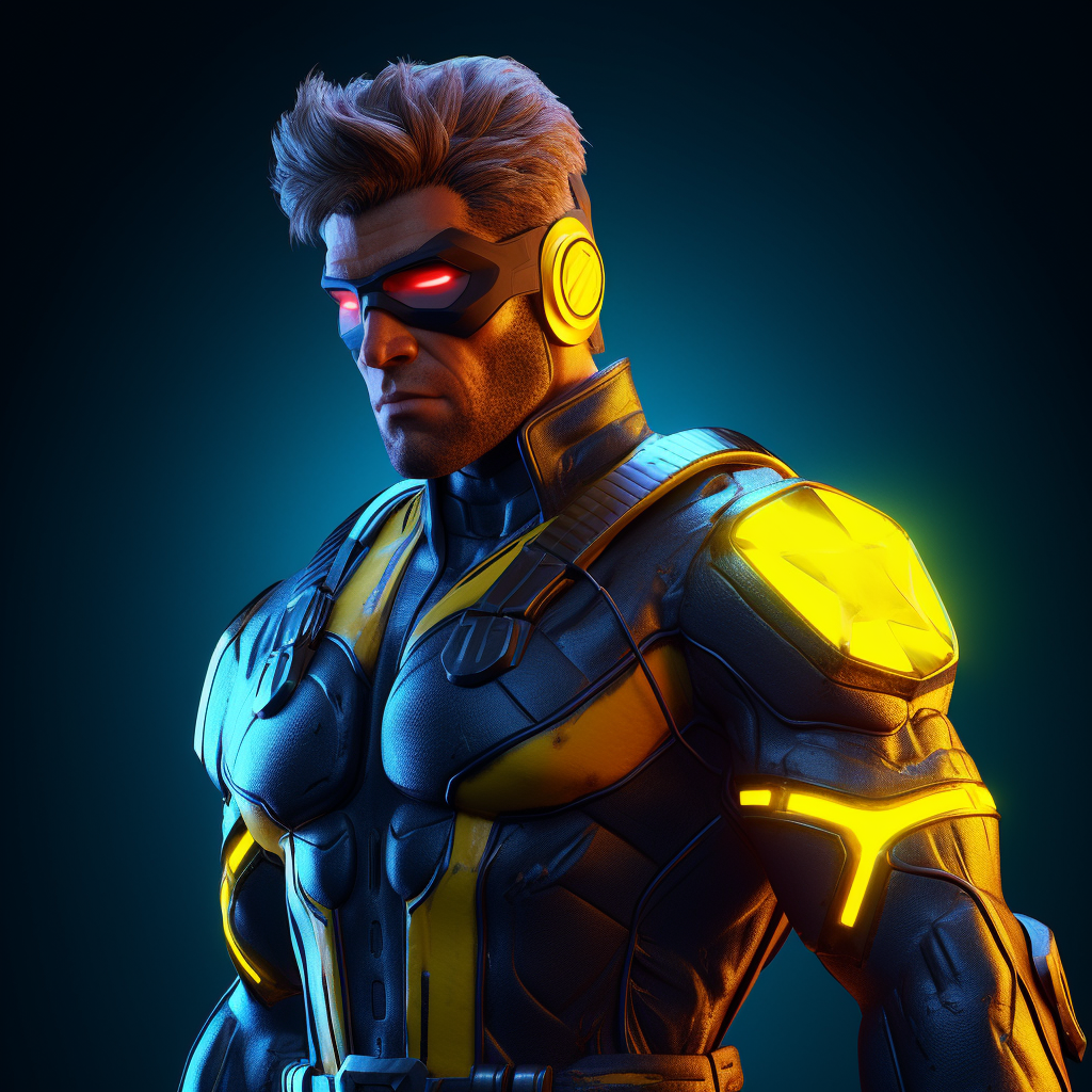 Hyper Realistic Full Body Render of 90s Suit Cyclops from X Men in 4K & 8K with Neon Lights Detail