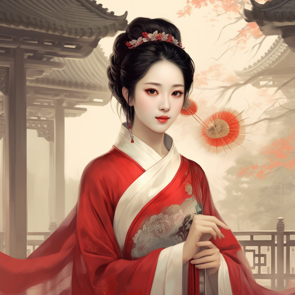 Hand-drawn Ancient Illustration of Xue Baochai Amidst a Pavilion