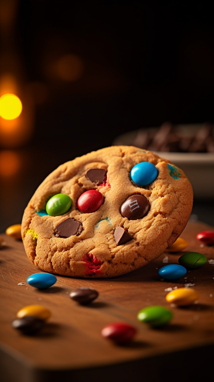 Chocolate M&M Chips Cookie in Soft Ambiance Captured with Fujifilm X-Pro3, Realistic and Vibrant 9:16 Image