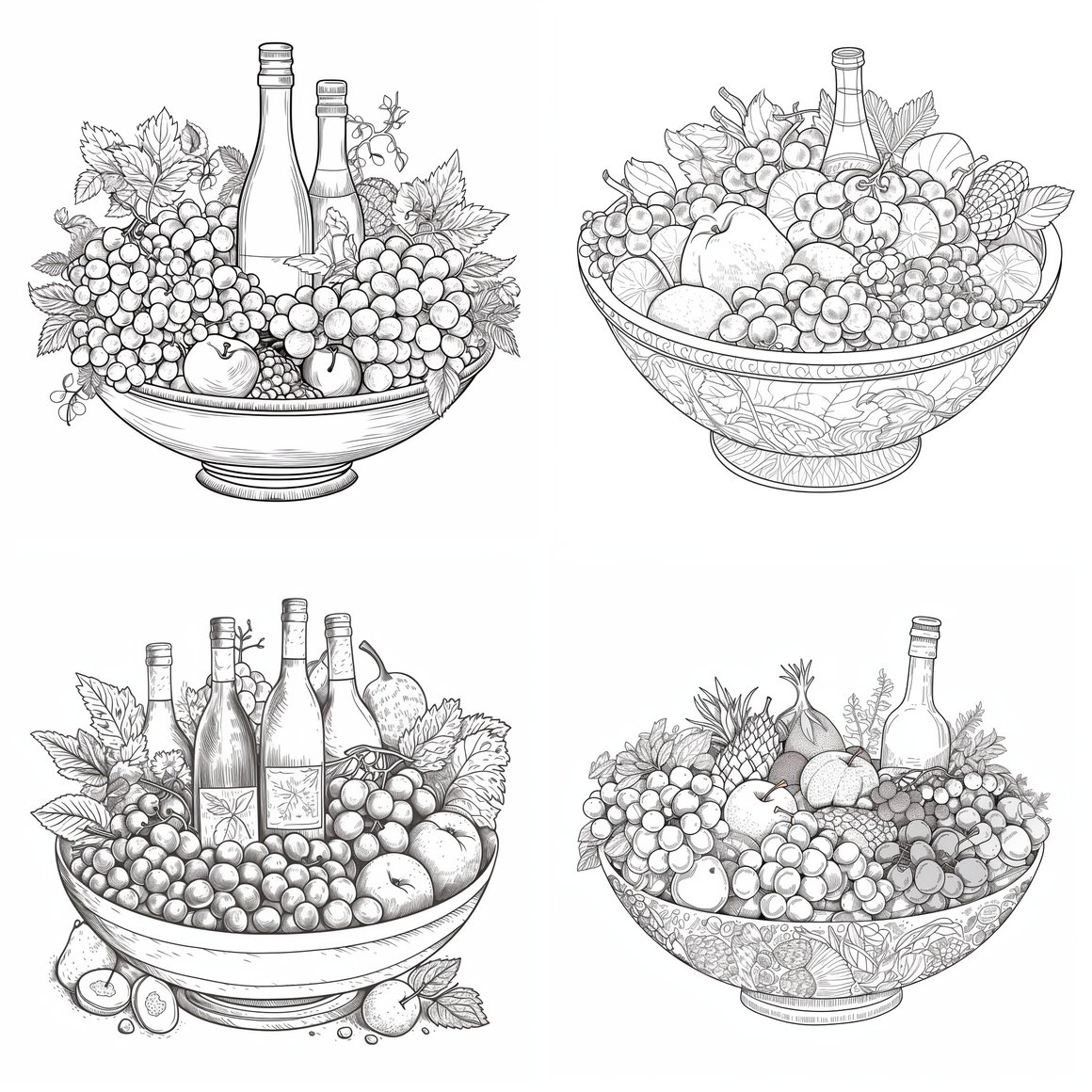 Detailed Fruit Bowl and Wine Bottle Coloring Page - Version 5