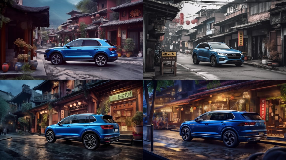 Cinematic Capture of 2023 Blue Volkswagen SUV THARU in Urban Chinese Market