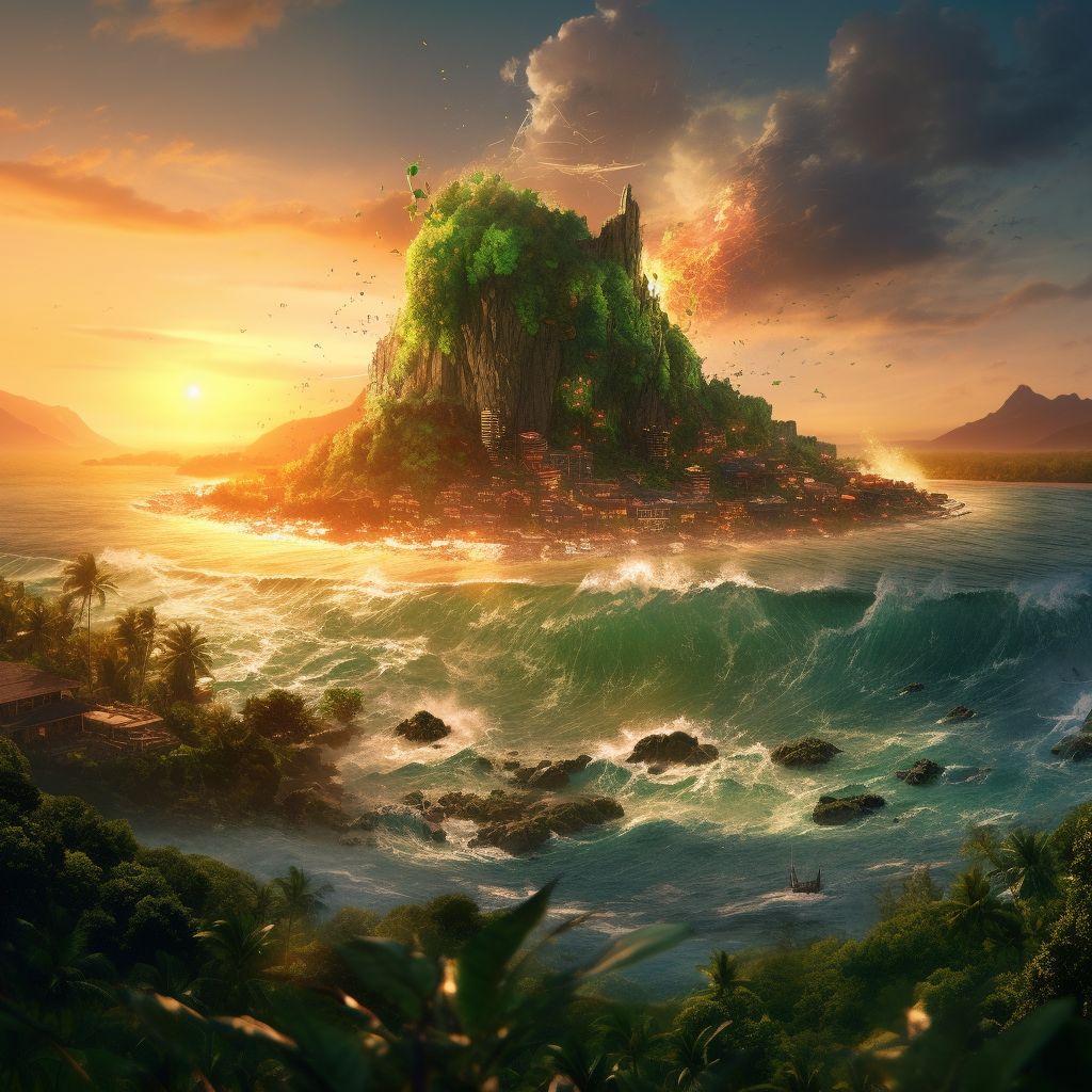 Destructive Wave: A Tsunami's Impact on Island Beauty in 8K