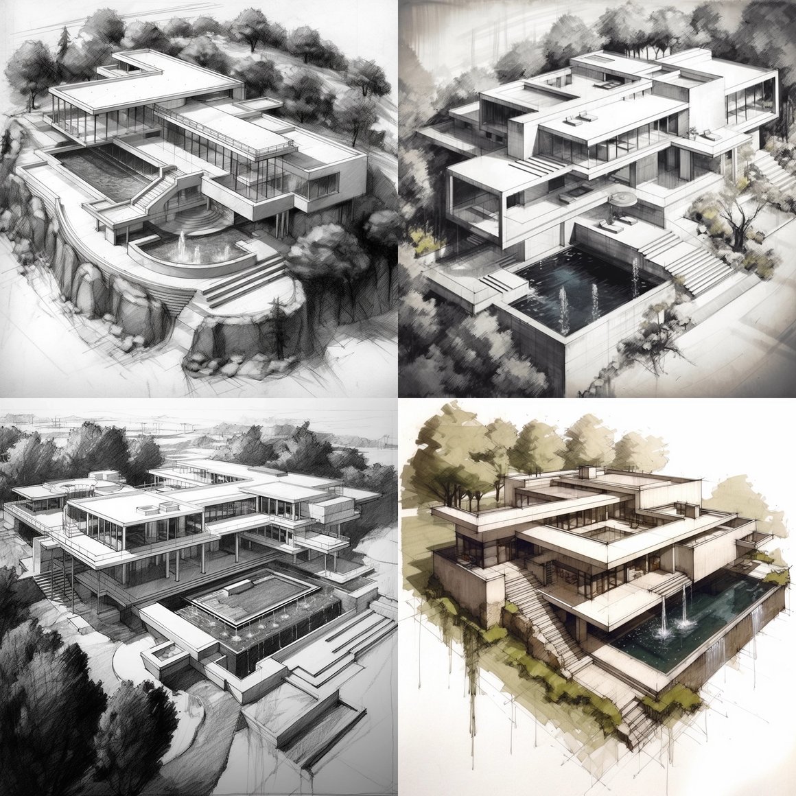 Hand-Sketched Plan with Luxurious Pool and Garden, Exemplifying Stone and Line Contrast