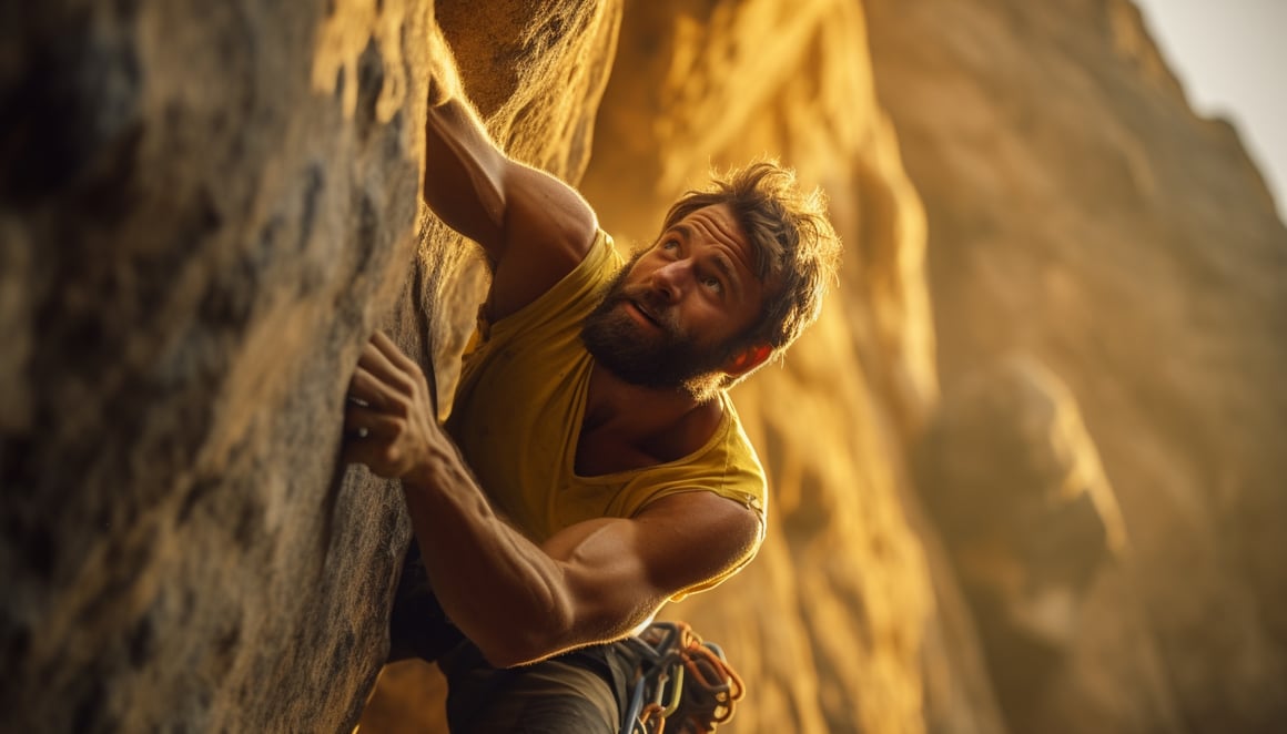 Summit Aspirations: A Climber's Effort in Golden Glow