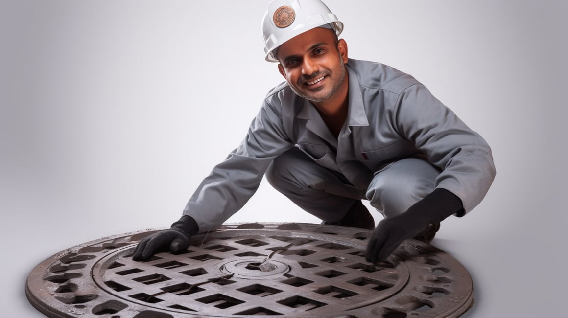 Detailed Commercial Studio Photography of an Indian Engineer with GFRP Manhole Cover