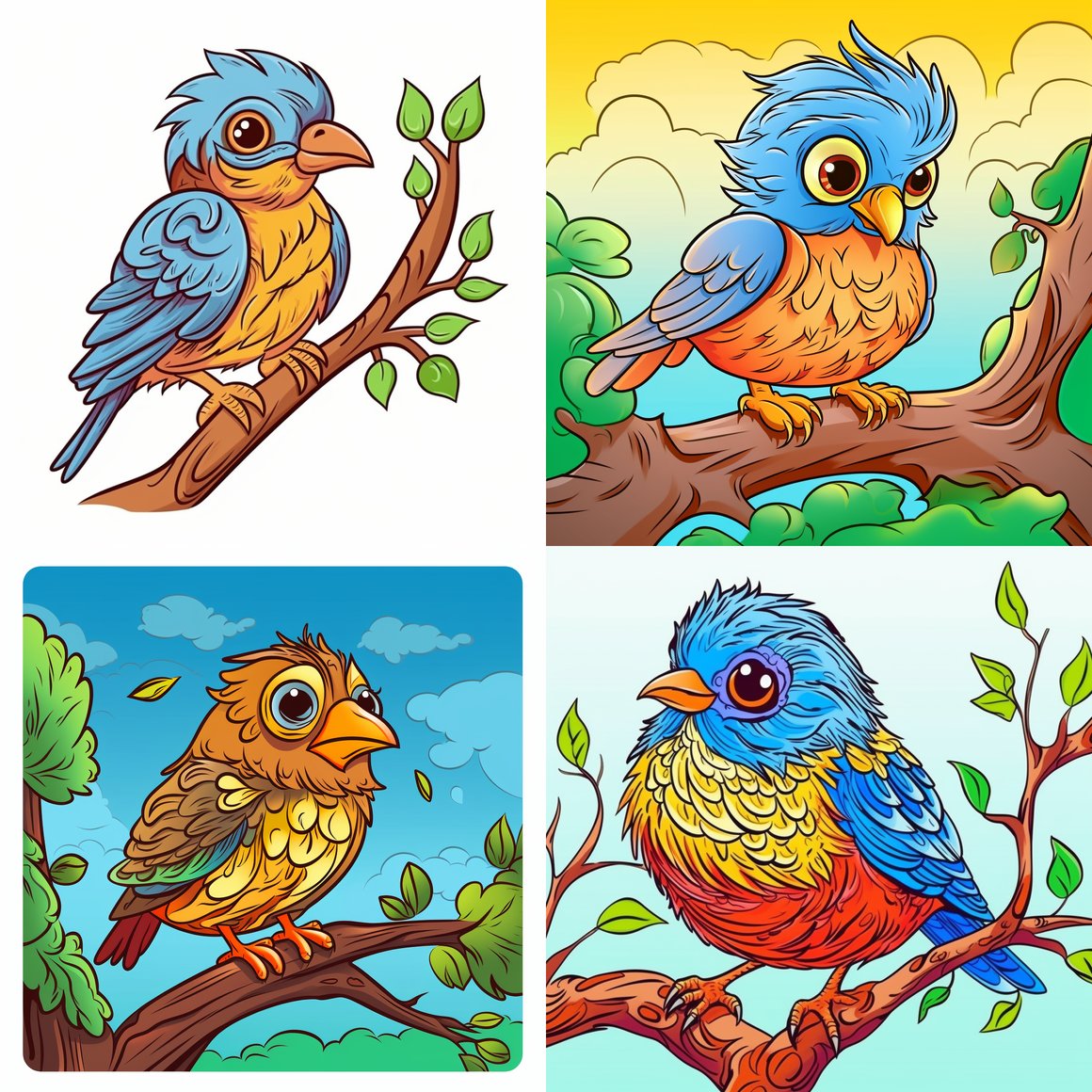 Chirpy Bird on Tree: Cartoon-Styled Kids Coloring Page