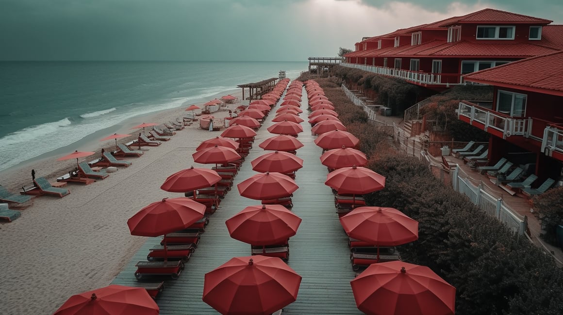 Cinematic Aerial View of Red Umbrella Beach Resort in Overcast