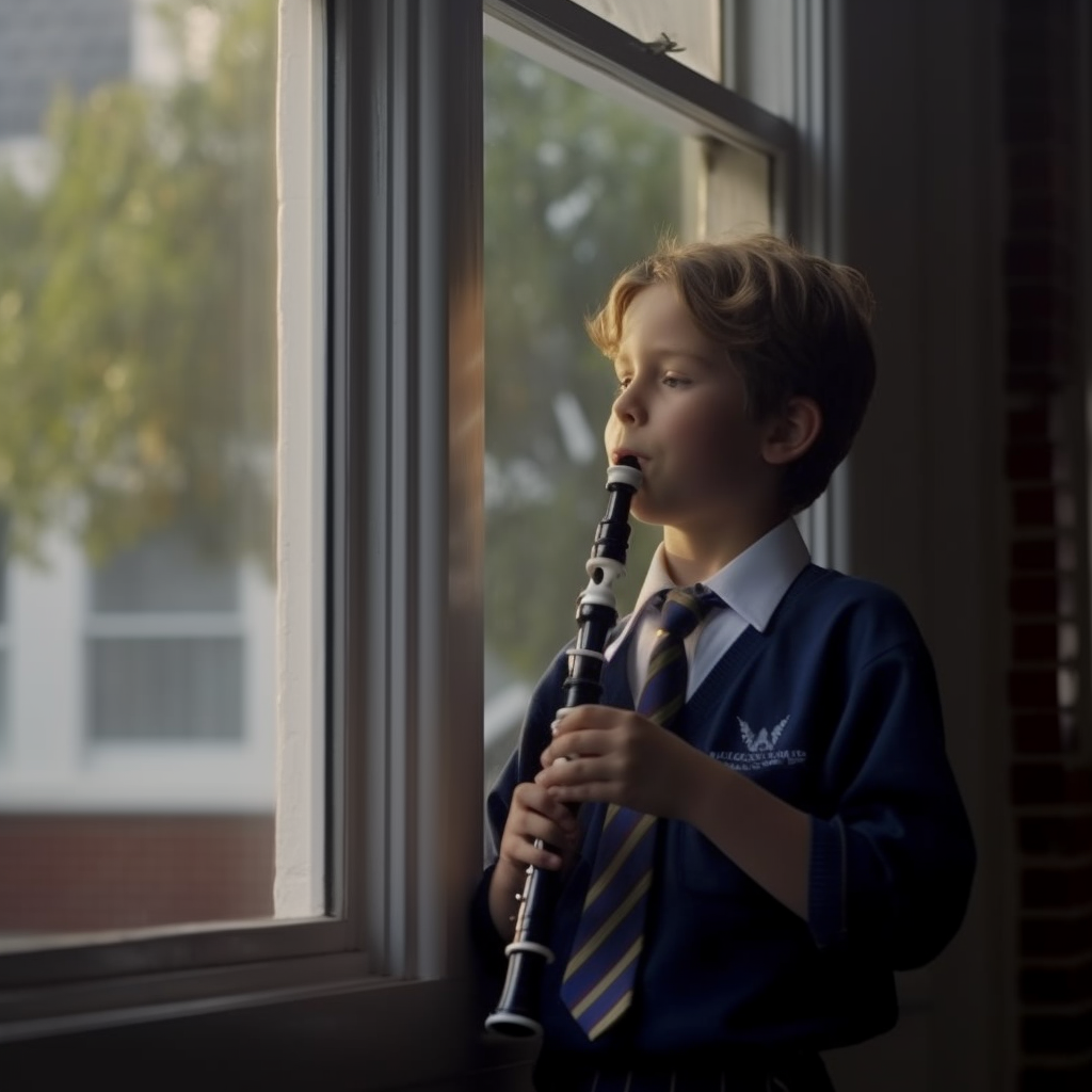 Australian School Child Playing Recorder in Home Window - 4K Photorealistic Render