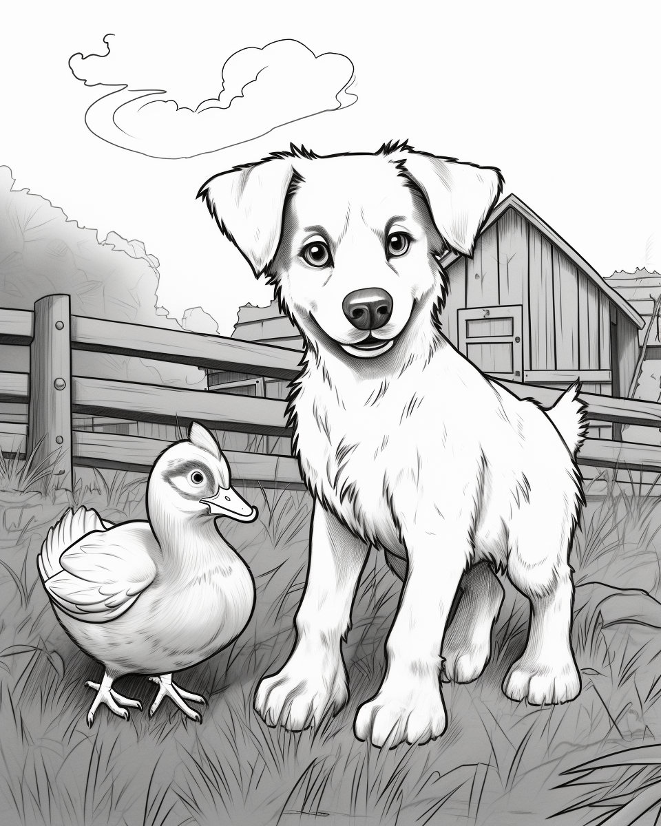 Farmyard Frolics: Baby Dog and Duck Playtime Coloring Page