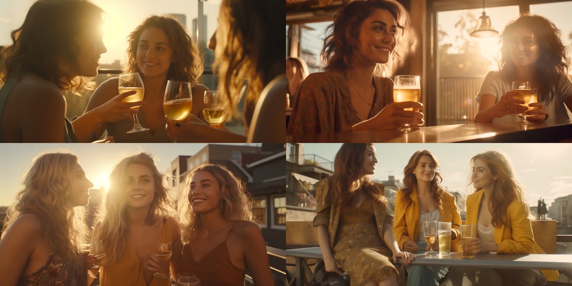 Cinematic Mid-Journey Screenshot from Mike White's 'Three Women Drinking Beer at an Urban Rooftop'