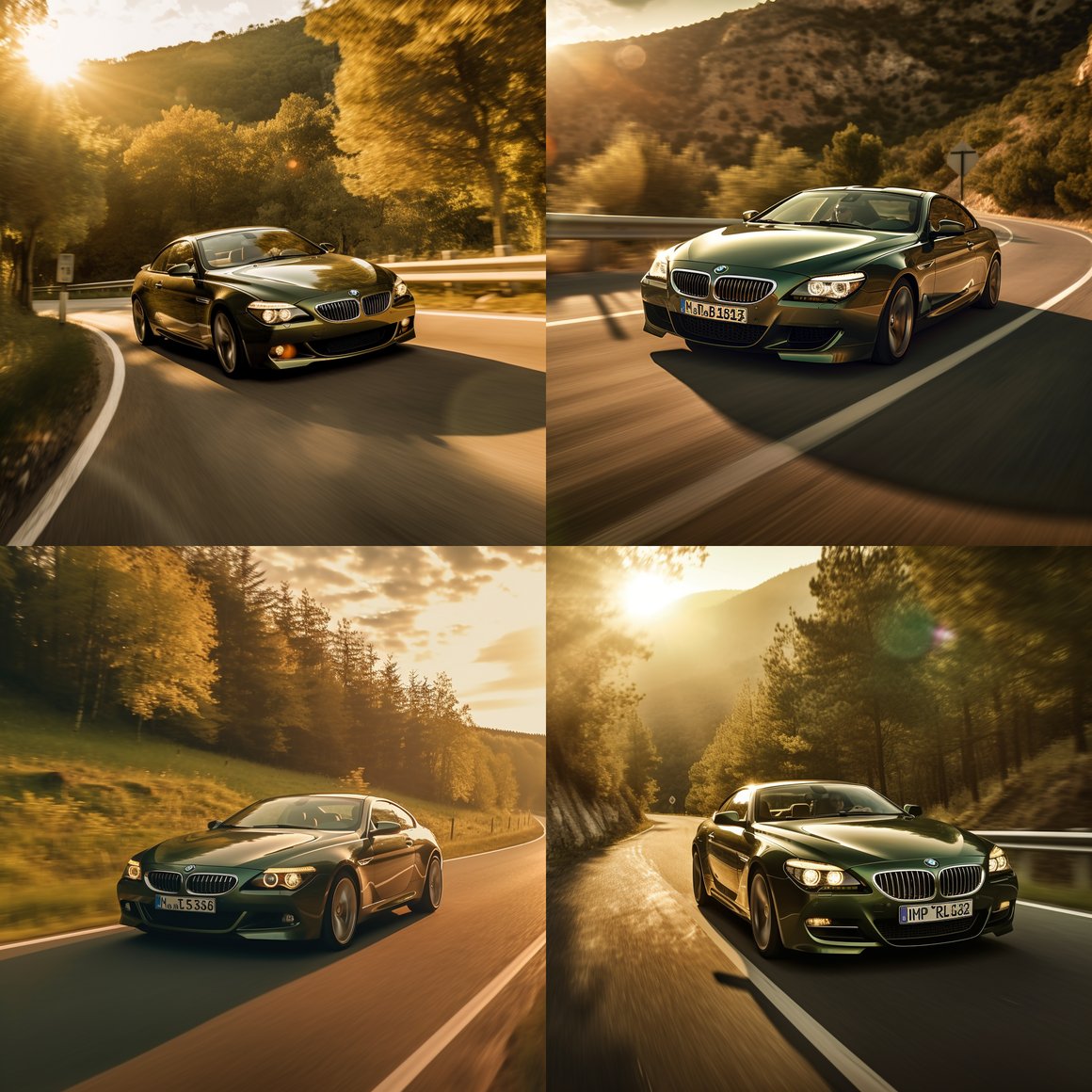 Detailed 4K View of a Green BMW 645ci E63 Coupe's Mid-Journey on a Winding Road