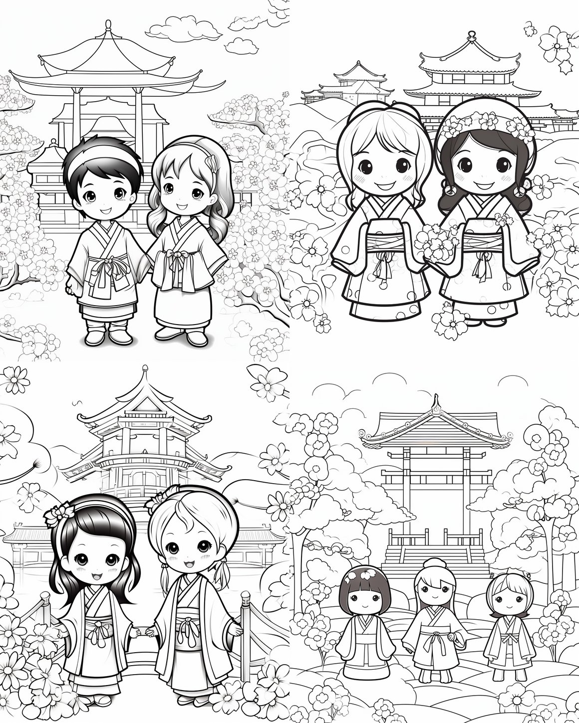 Happy Torii & Cherry Blossoms Coloring Page Mid-Journey Prompt