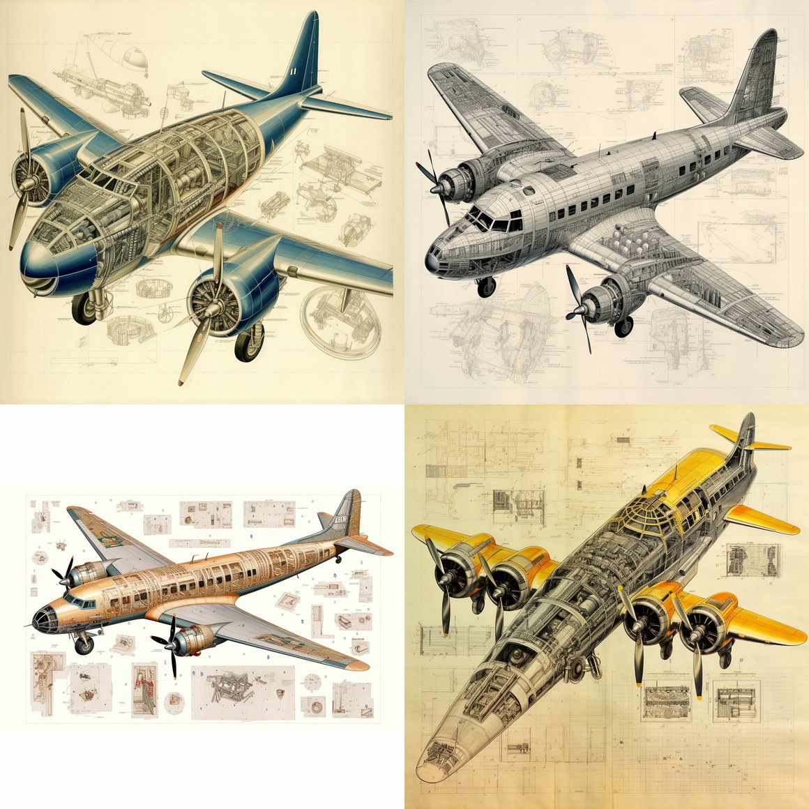 Detailed 1950s Airplane Technical Drawing