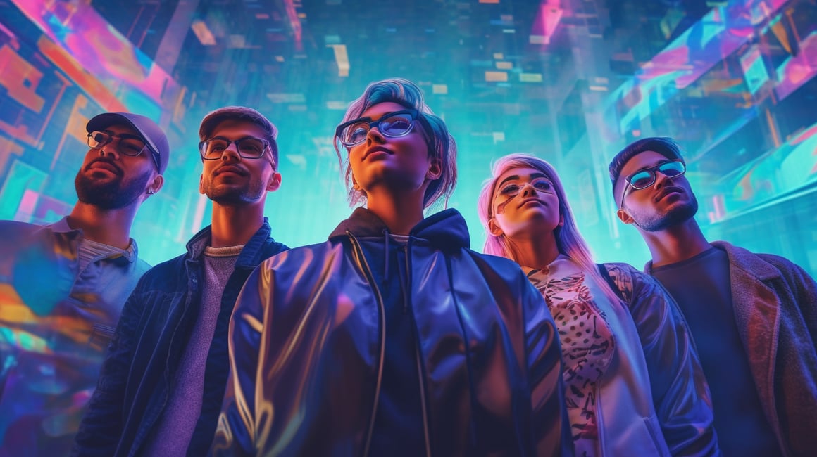 Neon Adventure: Mid-Journey Group Snapshot in HD