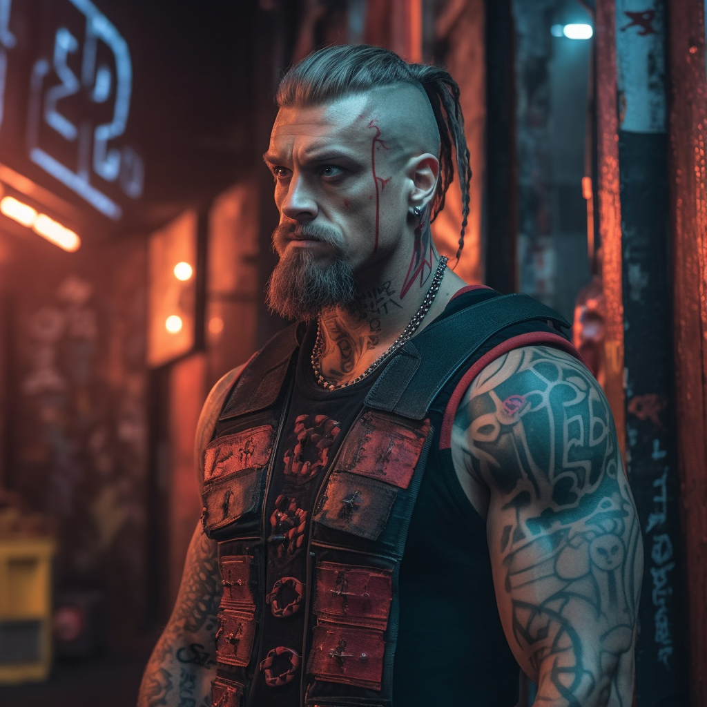 Raw Grit: Cyberpunk Viking Alleyway Encounter