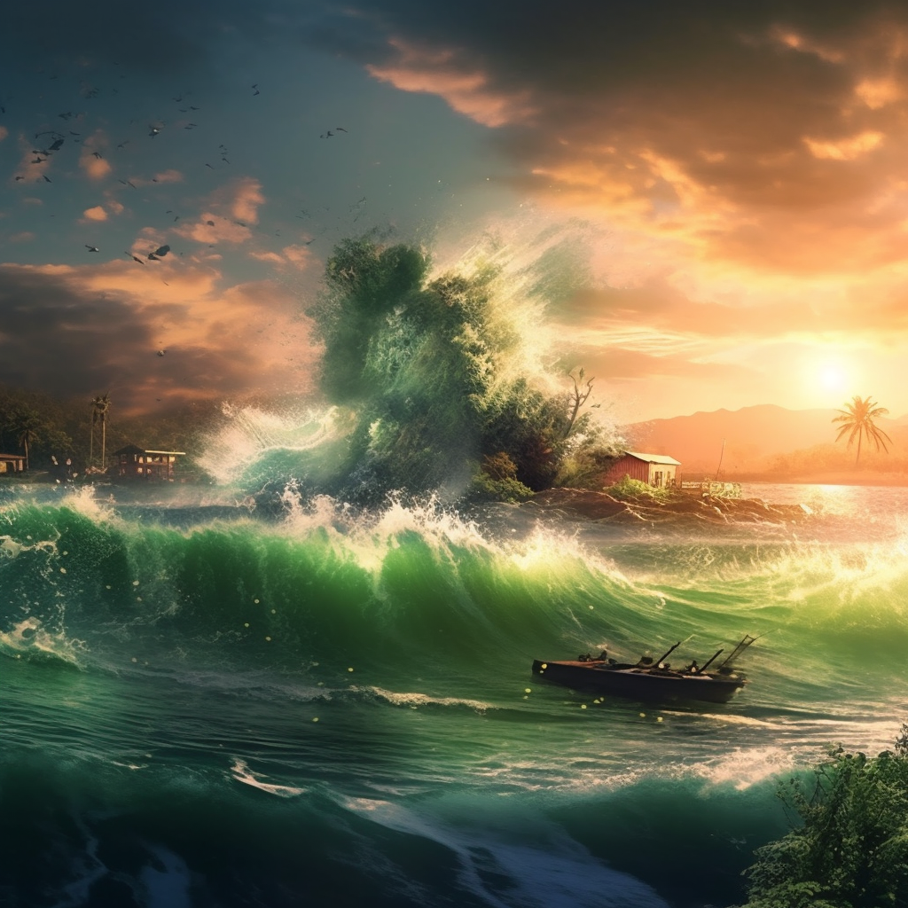 Destructive Wave: A Tsunami's Impact on Island Beauty in 8K