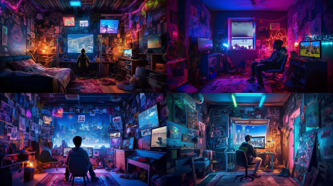 Neon Gaming Escape: Mid-Journey in 16:9 Aspect Ratio