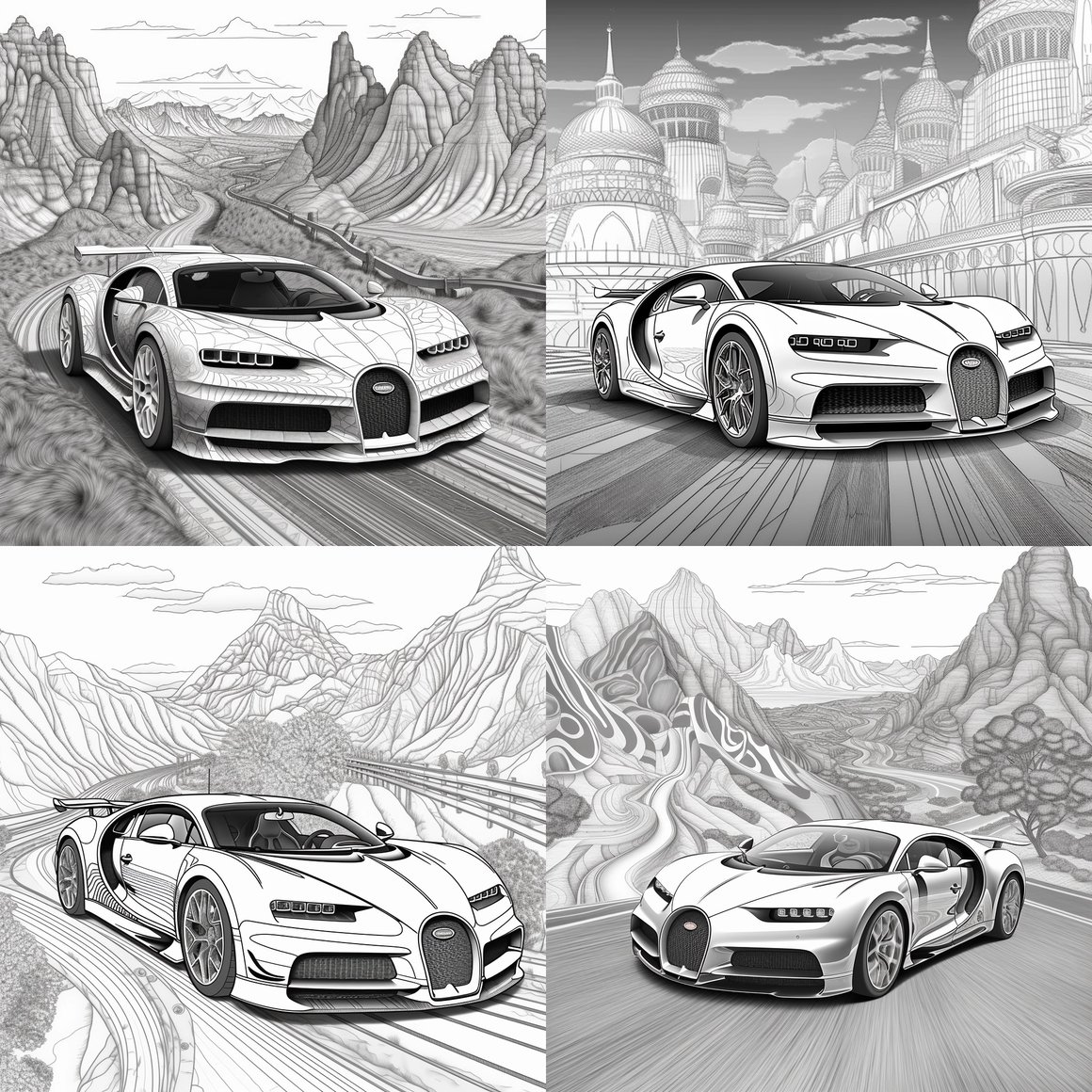 Detailed Bugatti Chiron Profilée Coloring Image Creation with Racing Track and American City Scape Backdrop