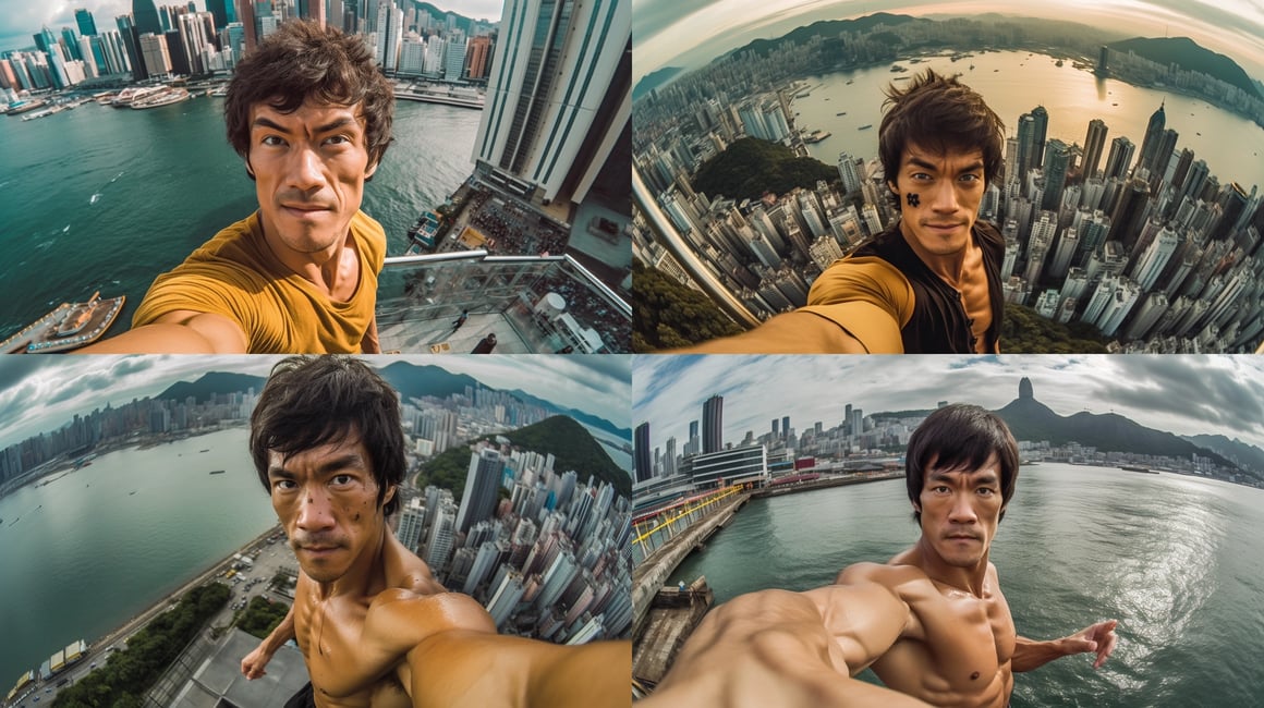 Cinematic Photorealistic Portrait of Bruce Lee in Hong Kong