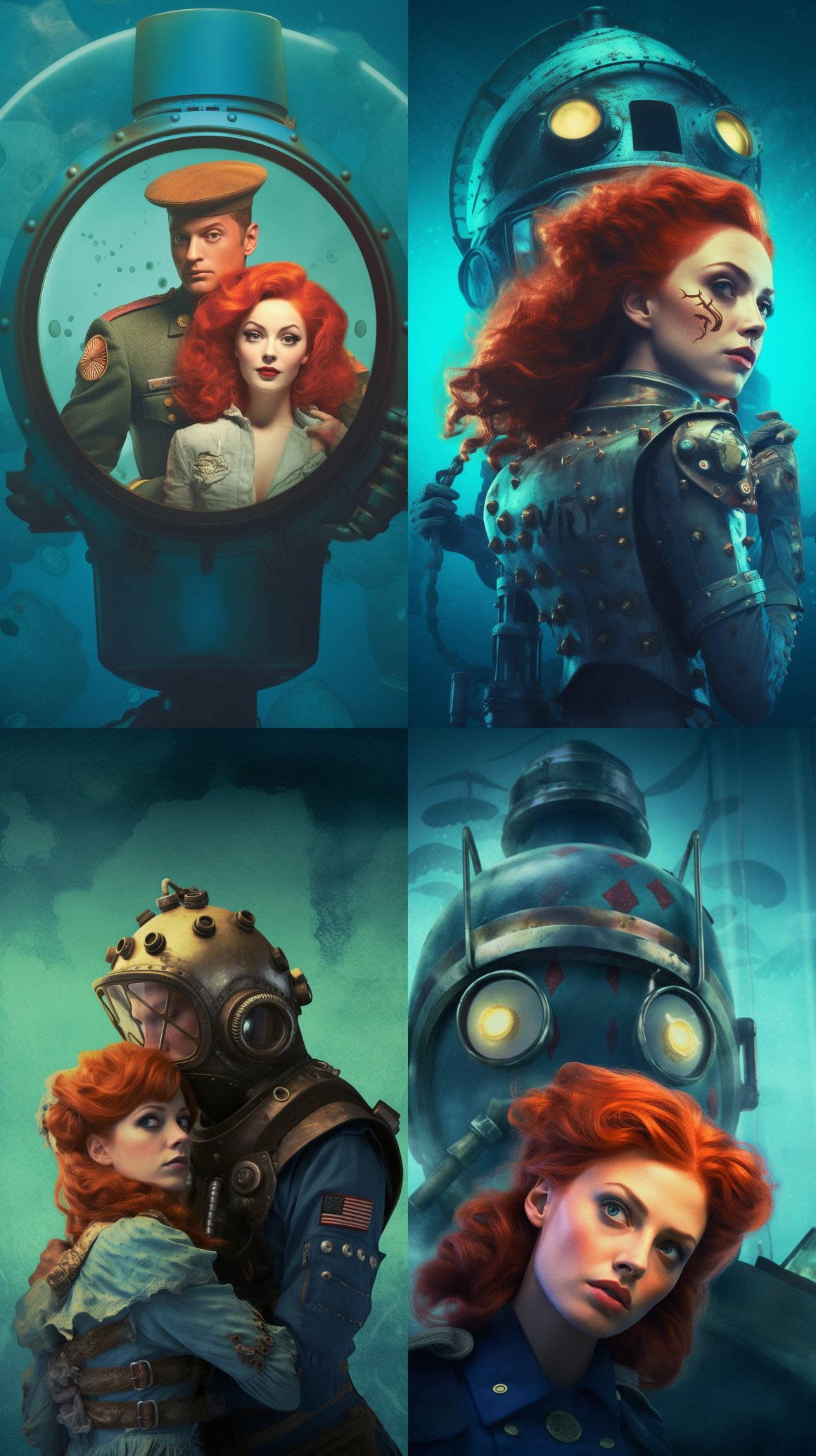 Retro Styled Beauty Portrait of a Mermaid and Diver
